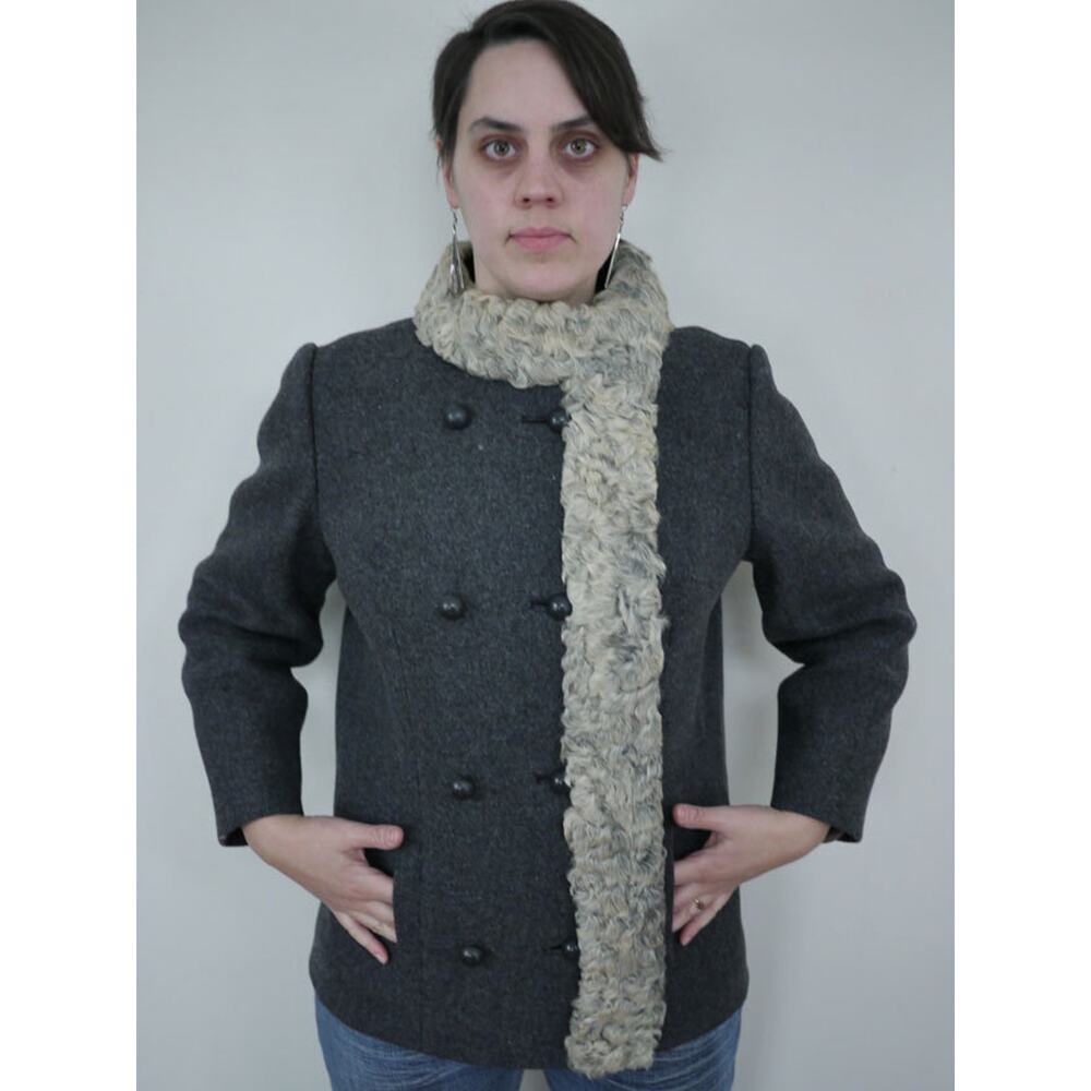Vintage 40s 100% WOOL Swakara Curly Lamb Mouton Shearling Fur Crop Pea Coat M